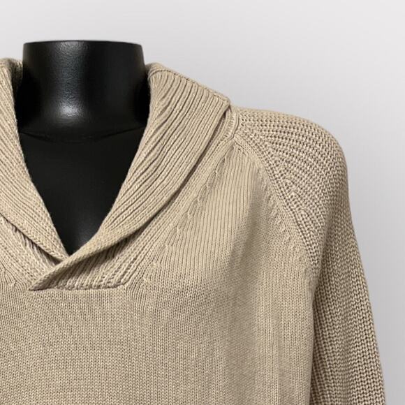 Express Mens Popover Shawl Collar Sweater sz L Twee Preppy Long Sleeve Tan Beige - Picture 2 of 8